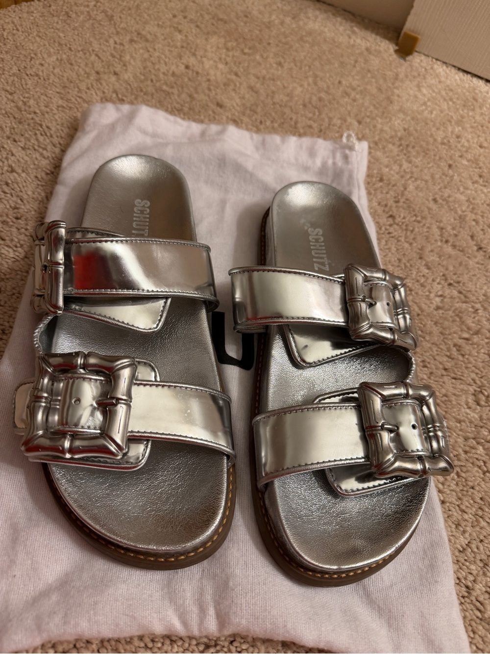 SCHUTZ Metallic Silver Double-Buckle Kids Slide Sandals